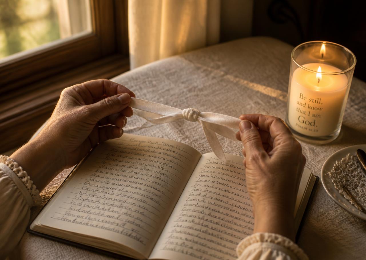 Manos de una mujer sosteniendo un listón con un nudo sobre un cuaderno de oración